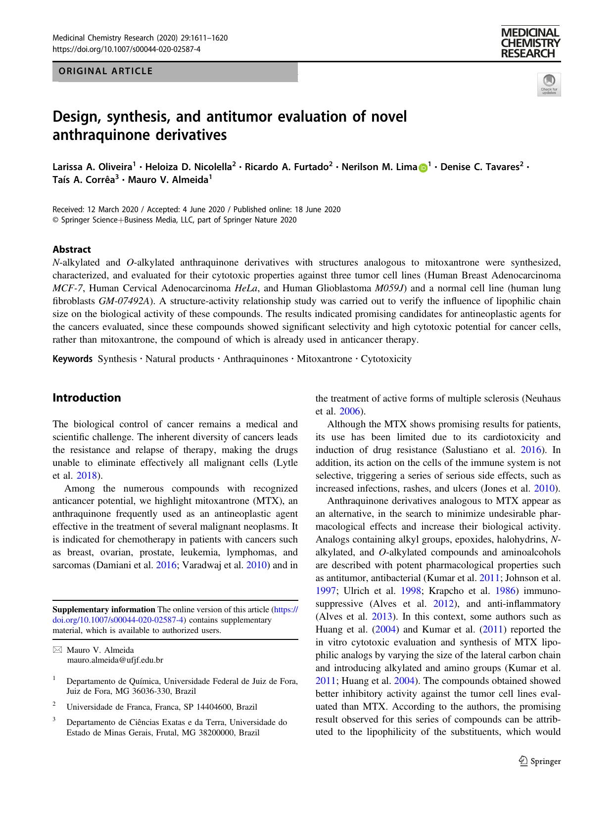 Design, synthesis, and antitumor evaluation of novel anthraquinone derivatives by unknow