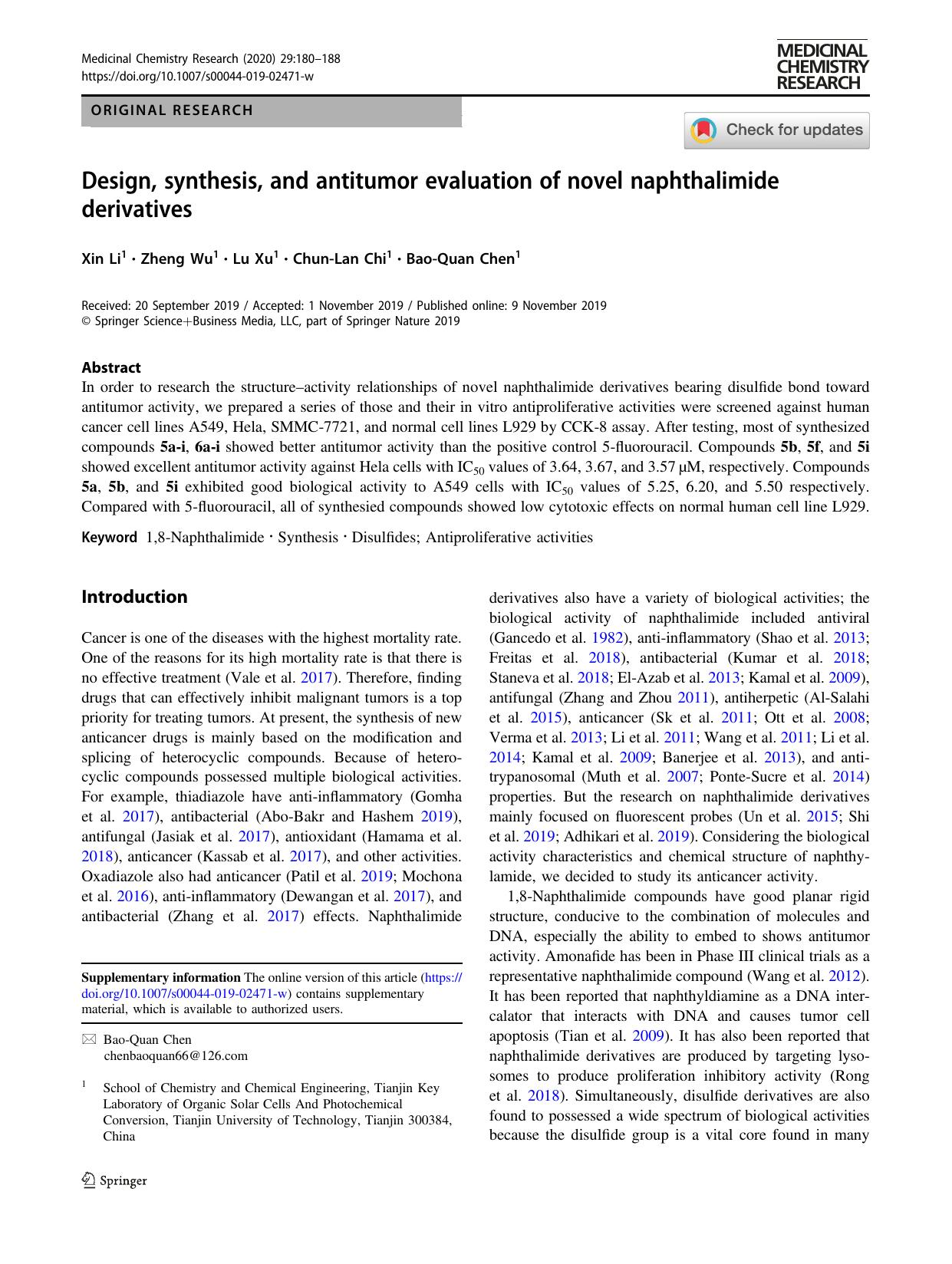 Design, synthesis, and antitumor evaluation of novel naphthalimide derivatives by Xin Li & Zheng Wu & Lu Xu & Chun-Lan Chi & Bao-Quan Chen