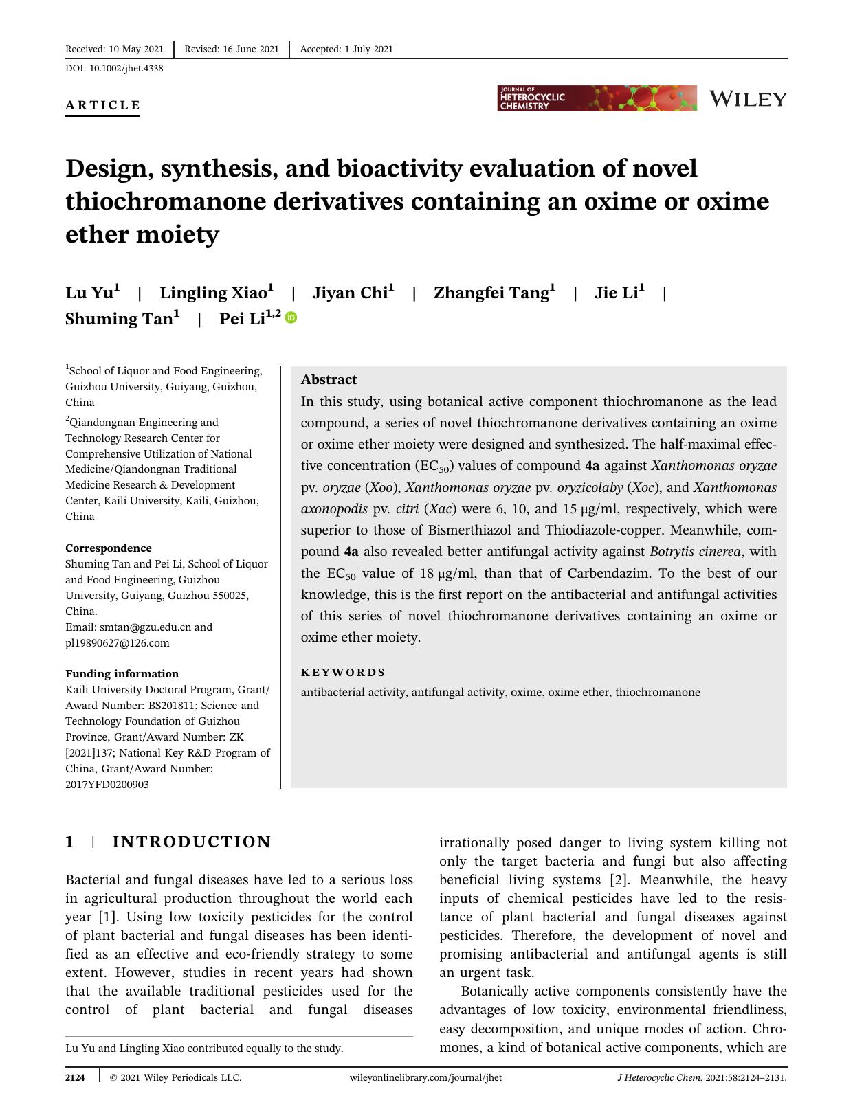 Design, synthesis, and bioactivity evaluation of novel thiochromanone derivatives containing an oxime or oxime ether moiety by Unknown