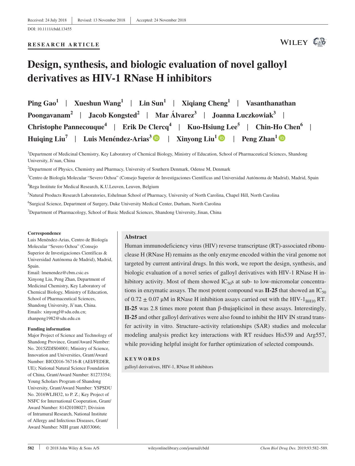Design, synthesis, and biologic evaluation of novel galloyl derivatives as HIV‐1 RNase H inhibitors by unknow