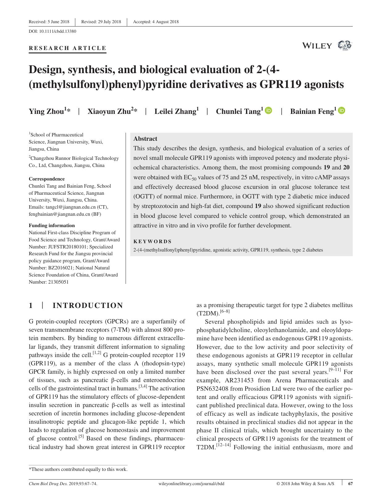 Design, synthesis, and biological evaluation of 2‐(4‐(methylsulfonyl)phenyl)pyridine derivatives as GPR119 agonists by unknow