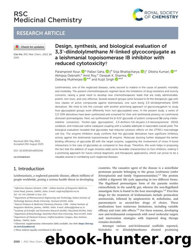 Design, synthesis, and biological evaluation of 3,3â²-diindolylmethane N-linked glycoconjugate as a leishmanial topoisomerase IB inhibitor with reduced cytotoxicity by unknow