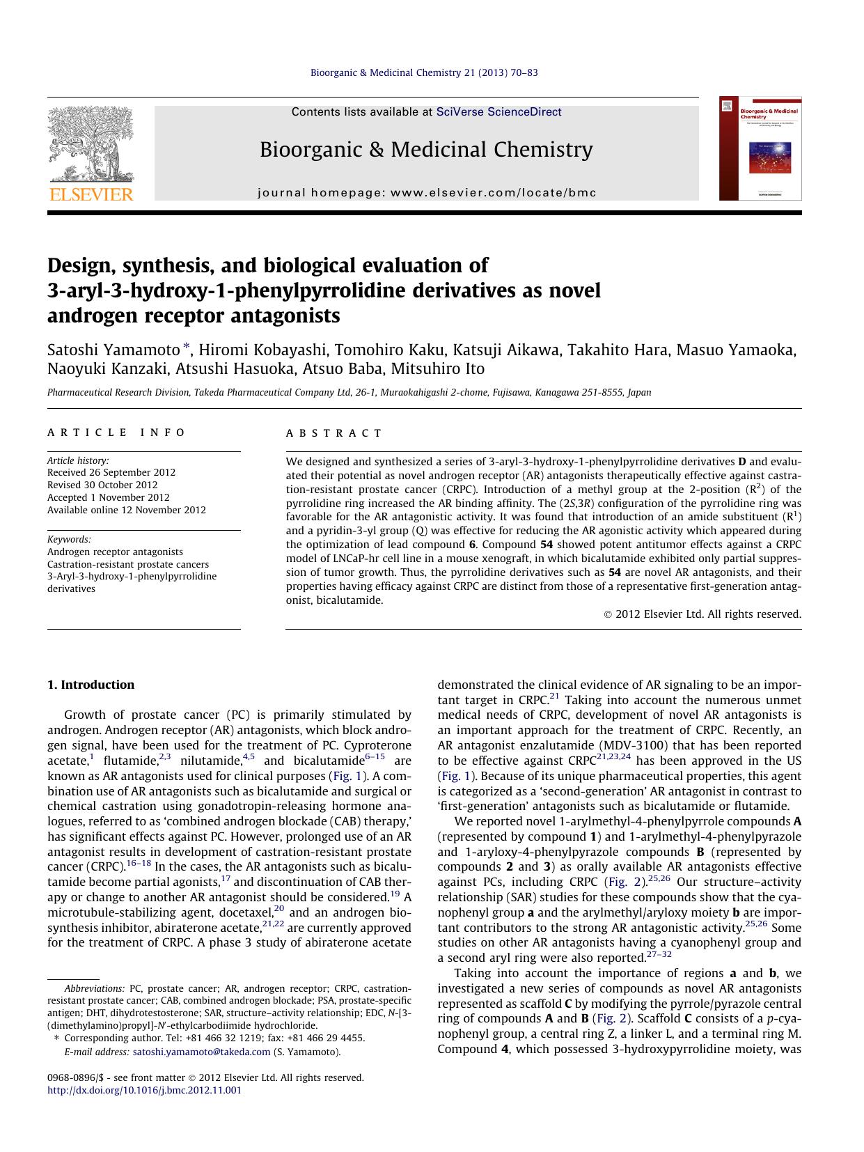 Design, synthesis, and biological evaluation of 3-aryl-3-hydroxy-1-phenylpyrrolidine derivatives as novel androgen receptor antagonists by unknow