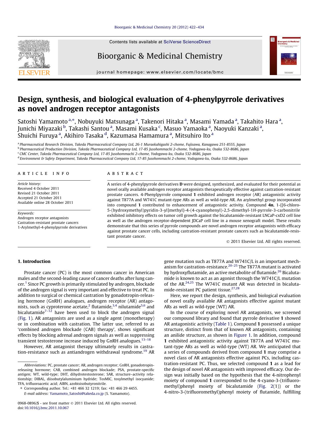 Design, synthesis, and biological evaluation of 4-phenylpyrrole derivatives as novel androgen receptor antagonists by unknow
