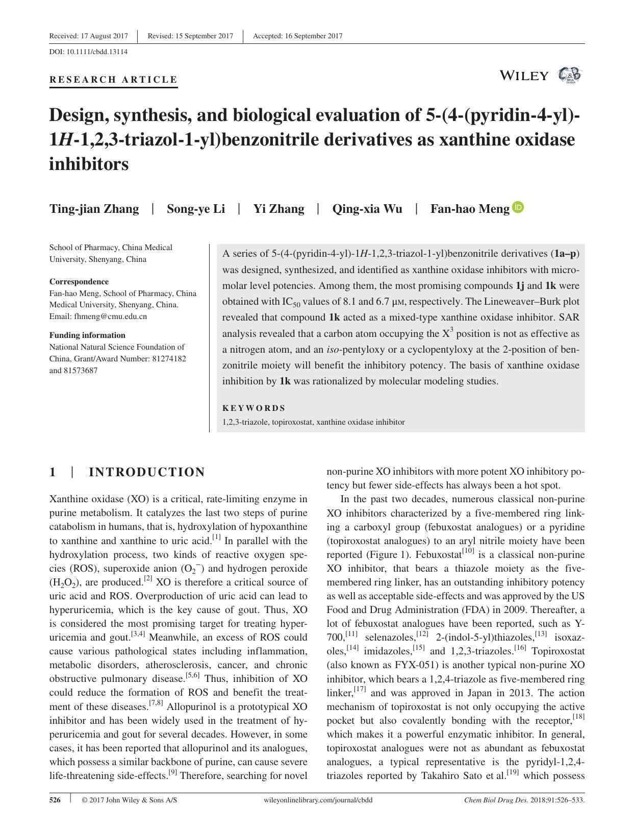 Design, synthesis, and biological evaluation of 5‐(4‐(pyridin‐4‐yl)‐1H‐1,2,3‐triazol‐1‐yl)benzonitrile derivatives as xanthine oxidase inhibitors by unknow