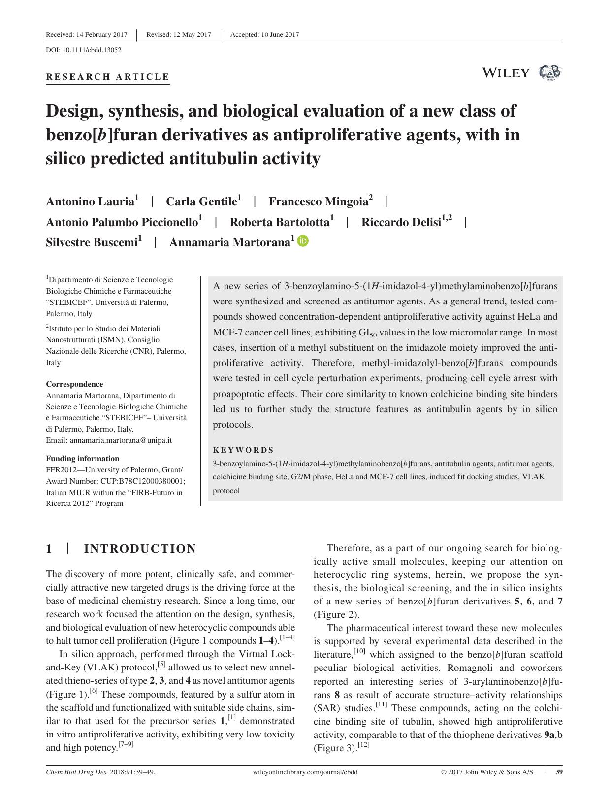 Design, synthesis, and biological evaluation of a new class of benzo[b]furan derivatives as antiproliferative agents, with in silico predicted antitubulin activity by unknow