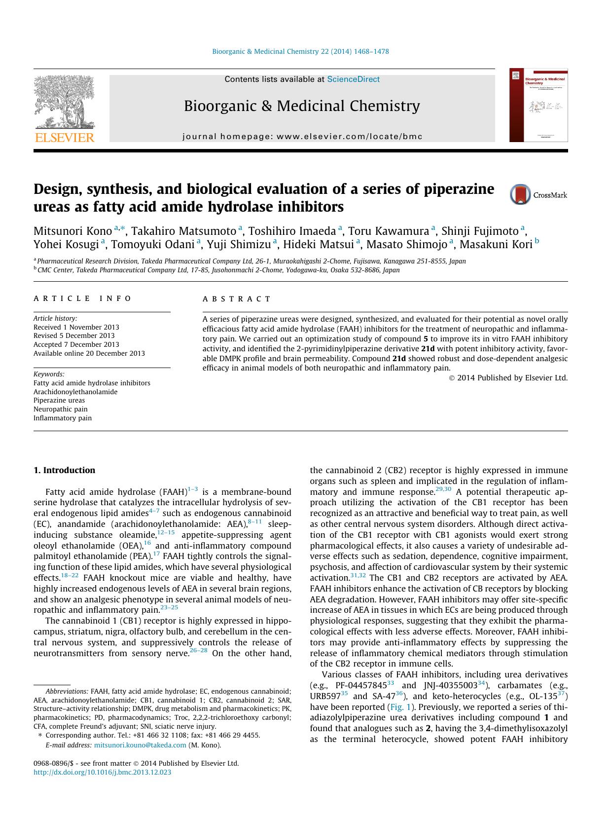 Design, synthesis, and biological evaluation of a series of piperazine ureas as fatty acid amide hydrolase inhibitors by unknow