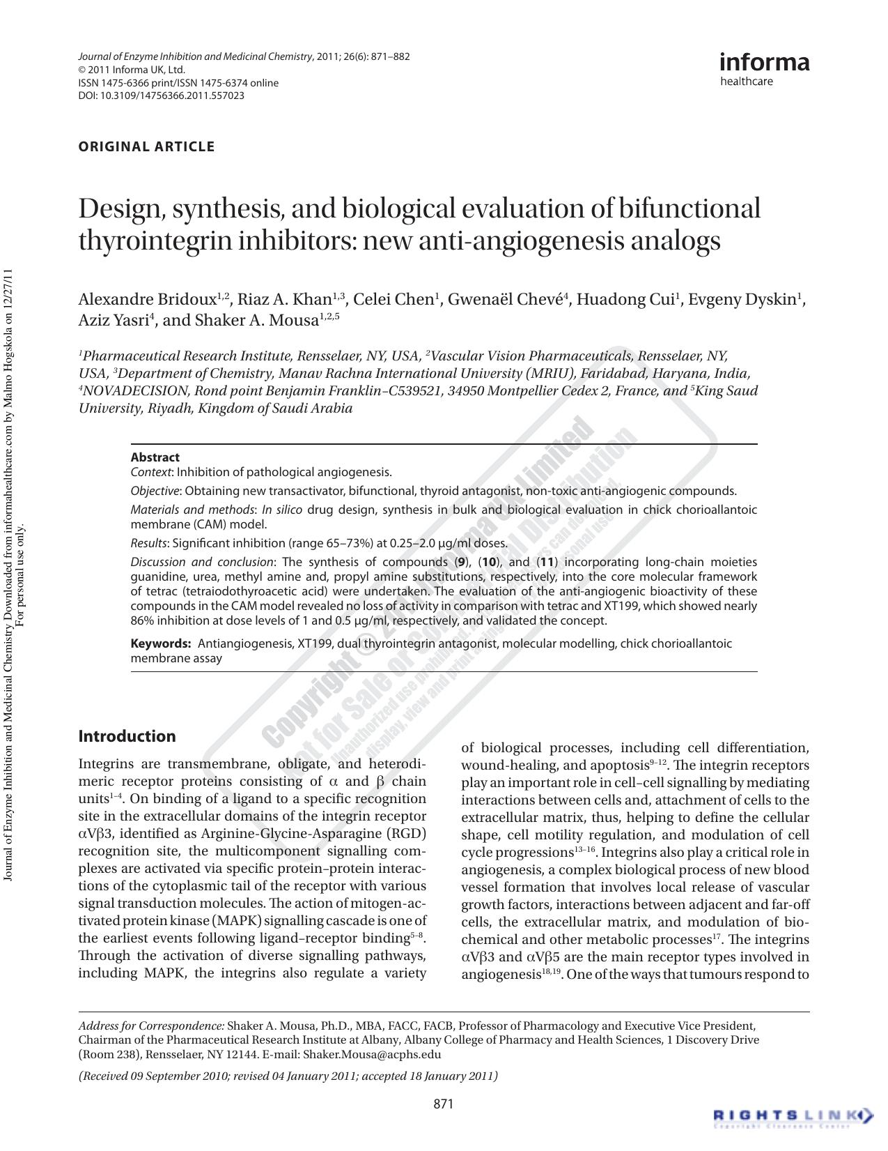 Design, synthesis, and biological evaluation of bifunctional thyrointegrin inhibitors: new anti-angiogenesis analogs by unknow