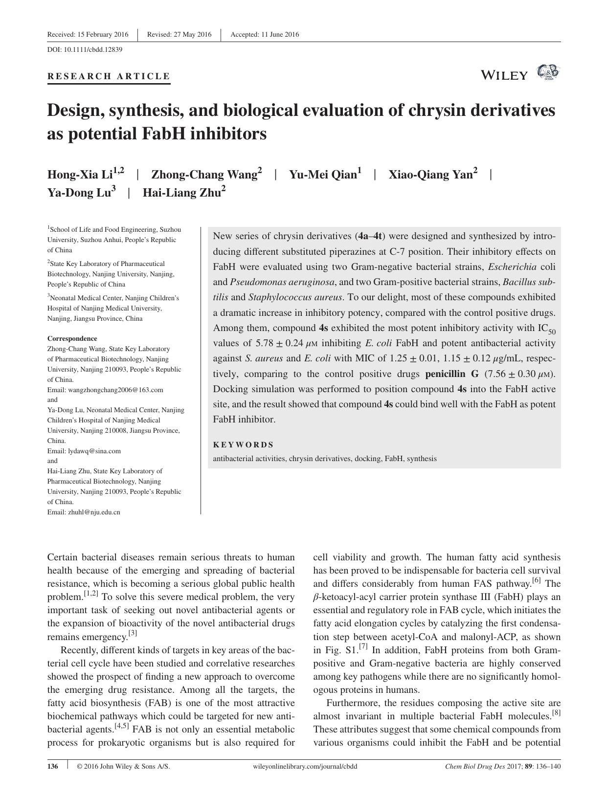 Design, synthesis, and biological evaluation of chrysin derivatives as potential FabH inhibitors by unknow