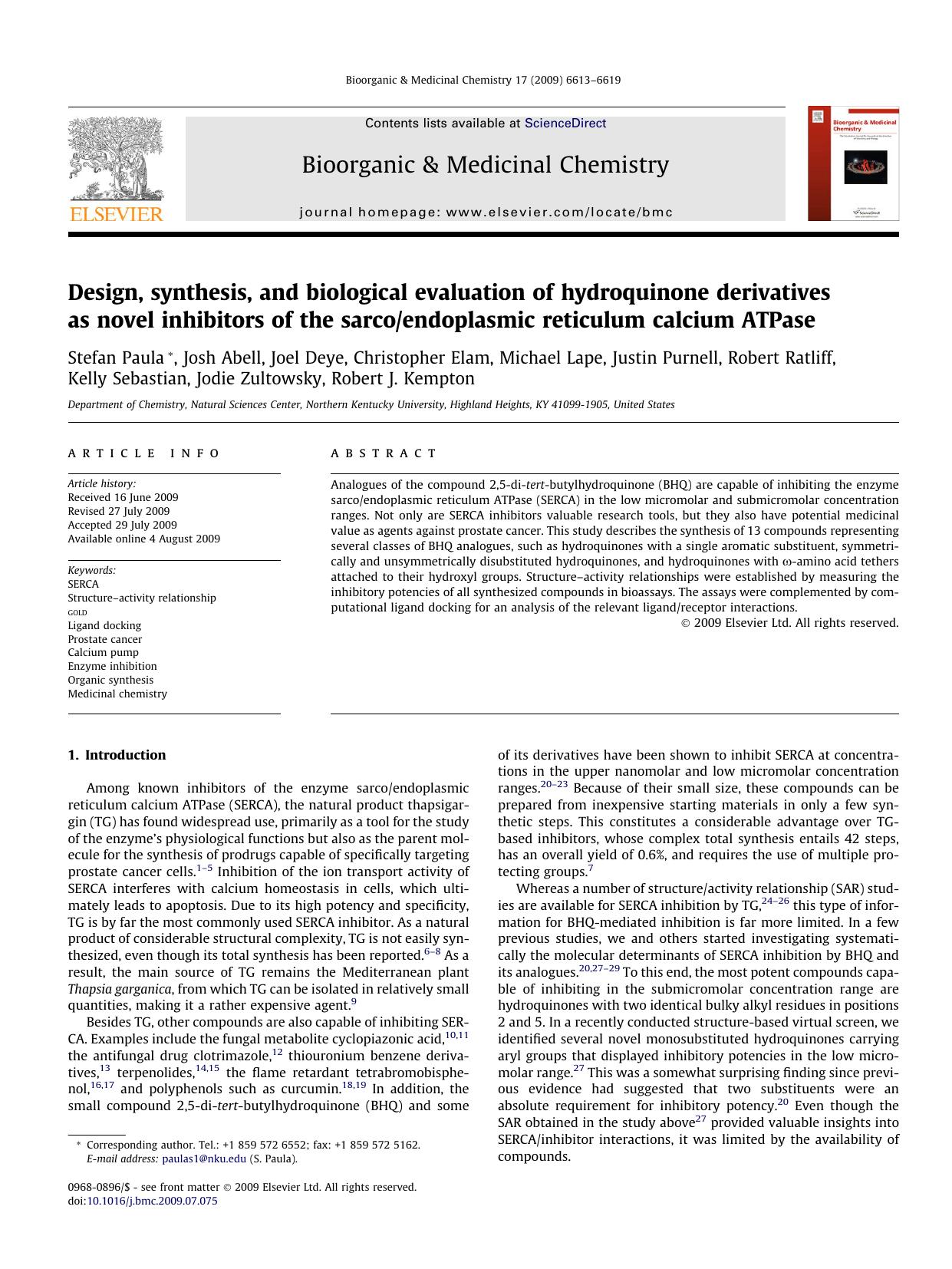 Design, synthesis, and biological evaluation of hydroquinone derivatives as novel inhibitors of the sarcoendoplasmic reticulum calcium ATPase by unknow