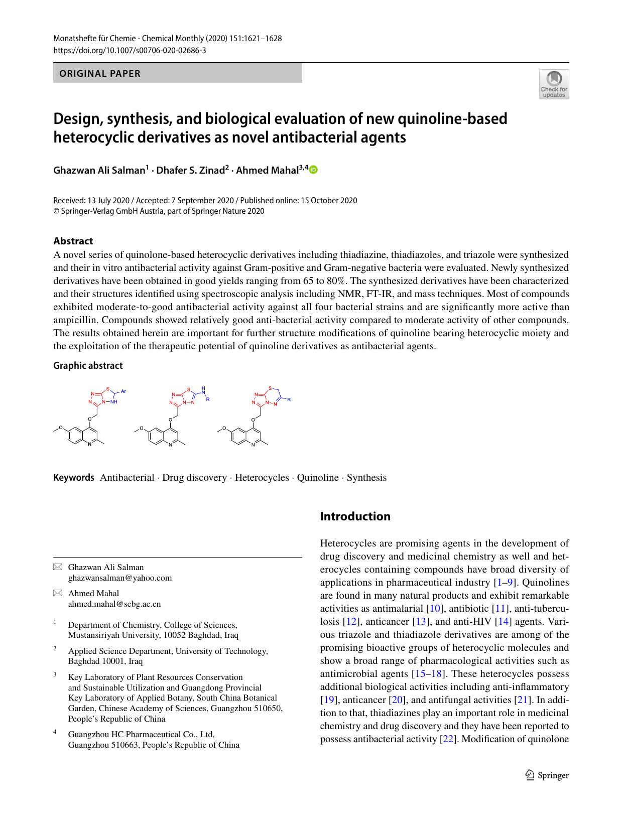 Design, synthesis, and biological evaluation of new quinoline-based heterocyclic derivatives as novel antibacterial agents by Ghazwan Ali Salman & Dhafer S. Zinad & Ahmed Mahal