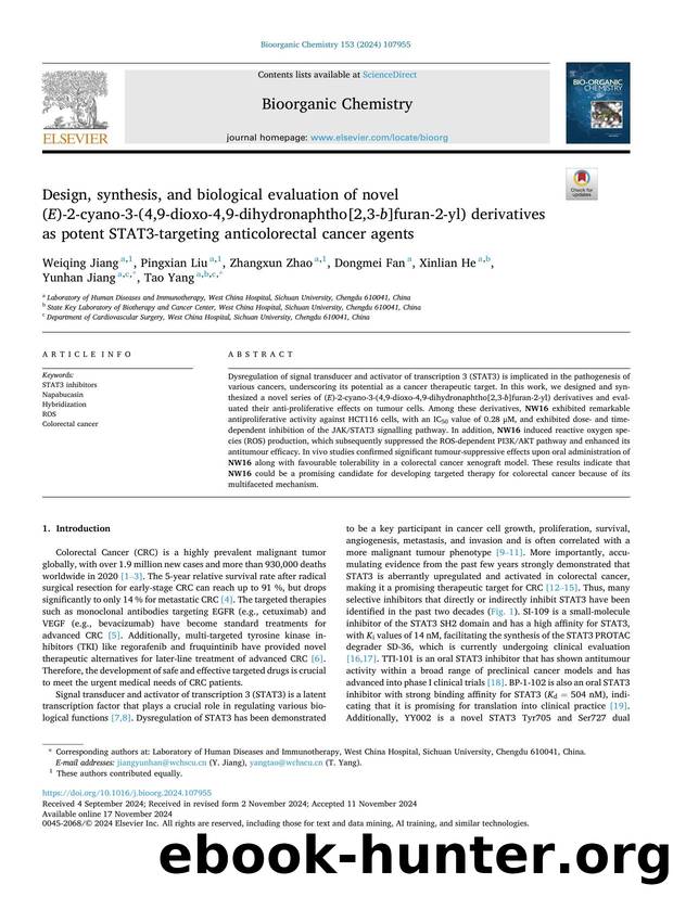 Design, synthesis, and biological evaluation of novel ( E )-2-cyano-3-(4,9-dioxo-4,9-dihydronaphtho[2,3- b ]furan-2-yl) derivatives as potent STAT3-targeting anticolorectal cancer agents by Weiqing Jiang & Pingxian Liu & Zhangxun Zhao & Dongmei Fan & Xinlian He & Yunhan Jiang & Tao Yang