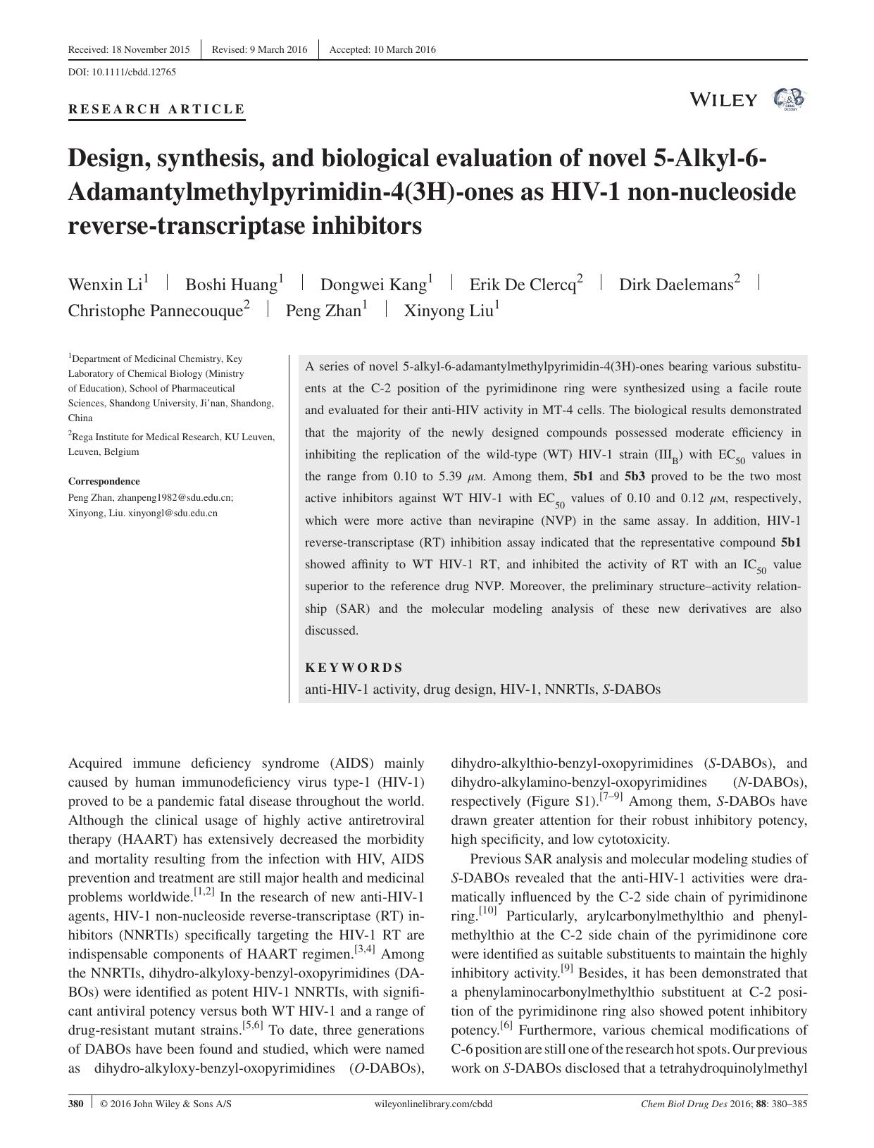 Design, synthesis, and biological evaluation of novel 5‐Alkyl‐6‐Adamantylmethylpyrimidin‐4(3H)‐ones as HIV‐1 non‐nucleoside reverse by unknow