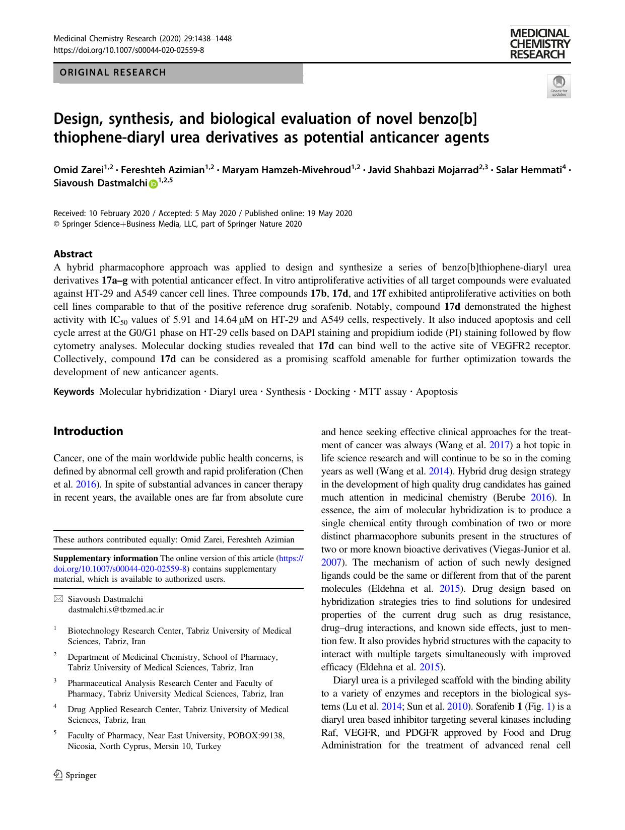 Design, synthesis, and biological evaluation of novel benzo[b]thiophene-diaryl urea derivatives as potential anticancer agents by unknow