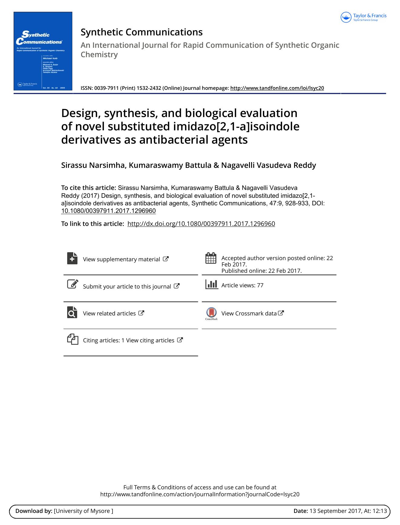 Design, synthesis, and biological evaluation of novel substituted imidazo[2,1-a]isoindole derivatives as antibacterial agents by Sirassu Narsimha