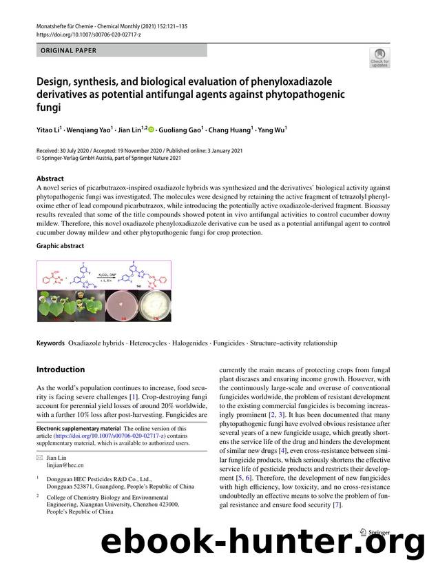 Design, synthesis, and biological evaluation of phenyloxadiazole derivatives as potential antifungal agents against phytopathogenic fungi by Yitao Li & Wenqiang Yao & Jian Lin & Guoliang Gao & Chang Huang & Yang Wu