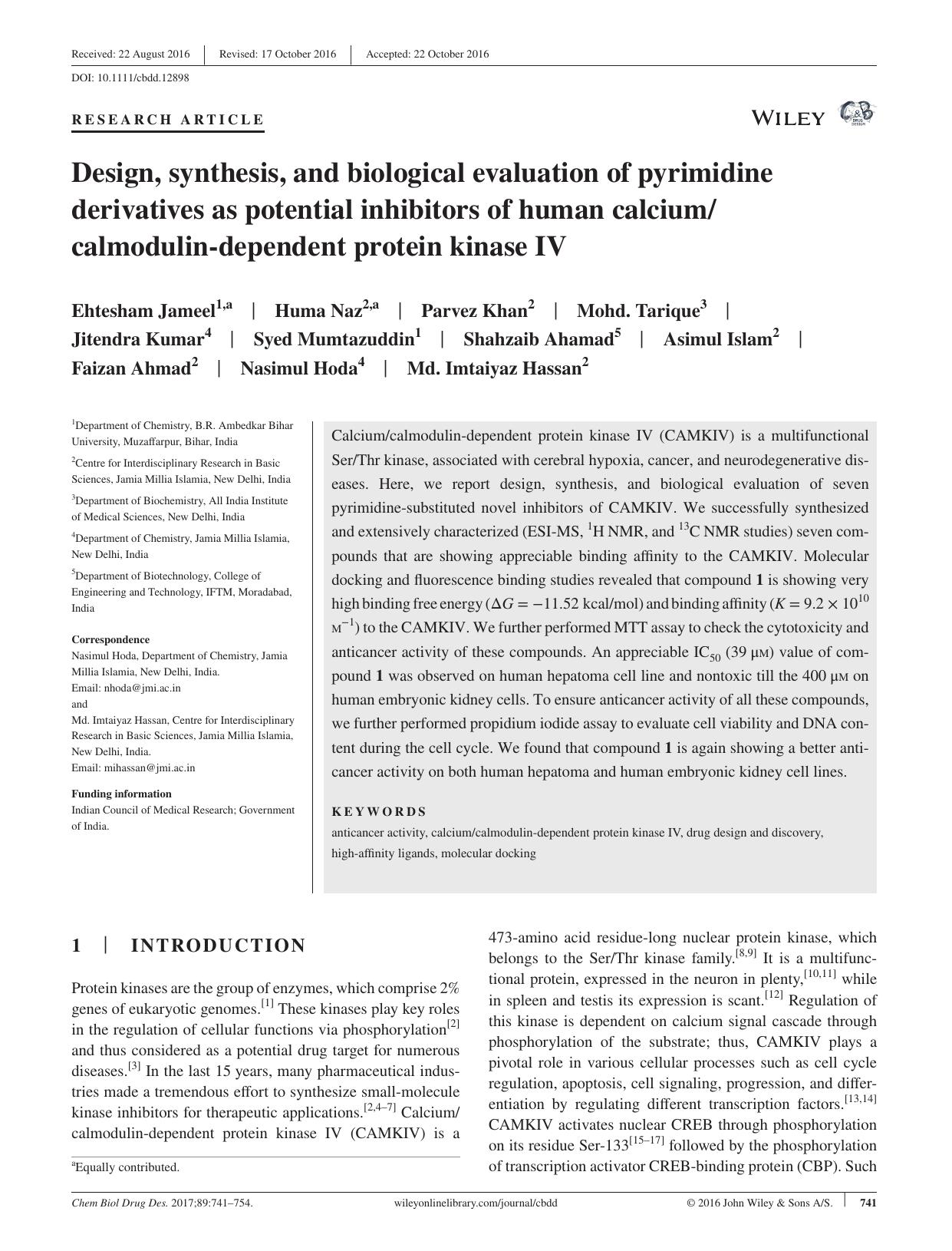 Design, synthesis, and biological evaluation of pyrimidine derivatives as potential inhibitors of human calciumcalmodulin‐dependent protein kinase IV by unknow