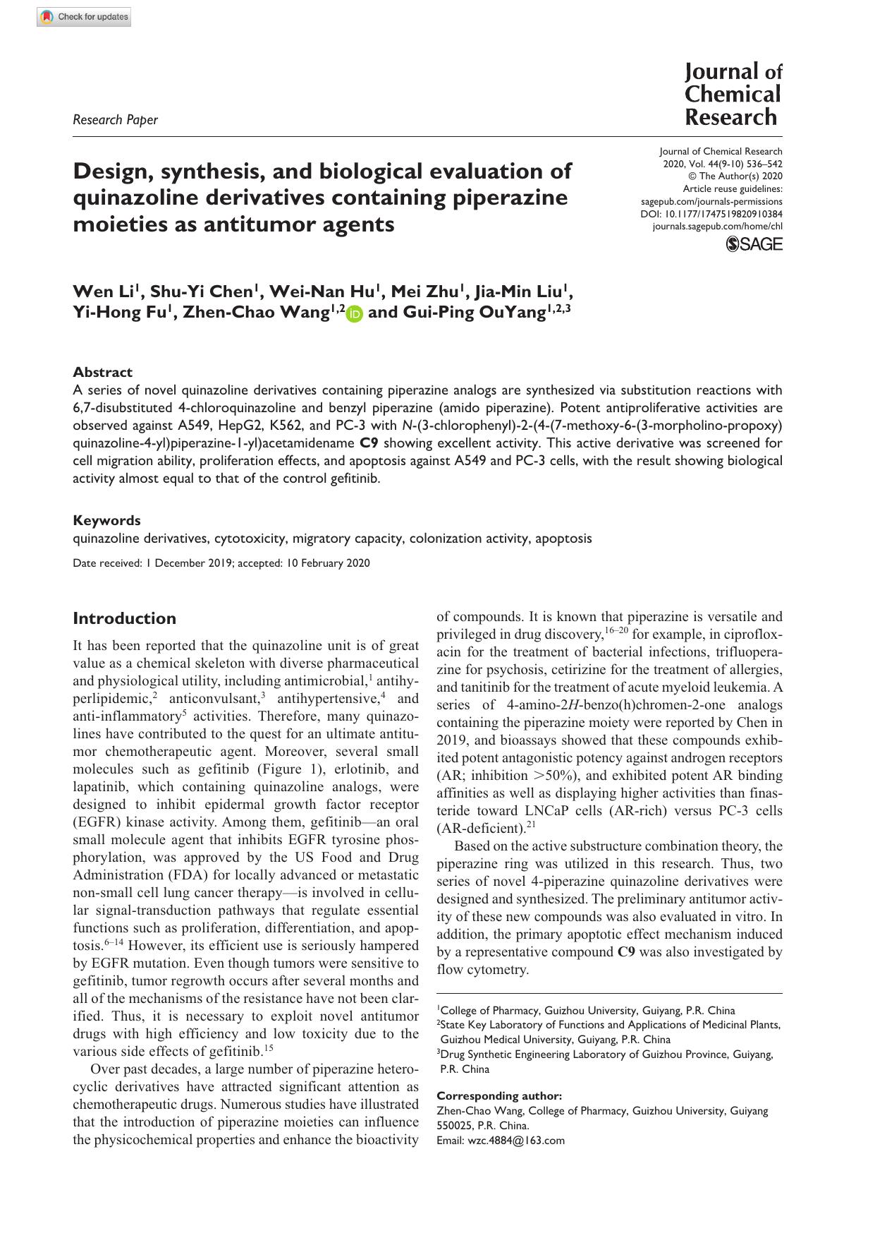 Design, synthesis, and biological evaluation of quinazoline derivatives containing piperazine moieties as antitumor agents by Wen Li Shu-Yi Chen Wei-Nan Hu Mei Zhu Jia-Min Liu Yi-Hong Fu Zhen-Chao Wang & Gui-Ping OuYang