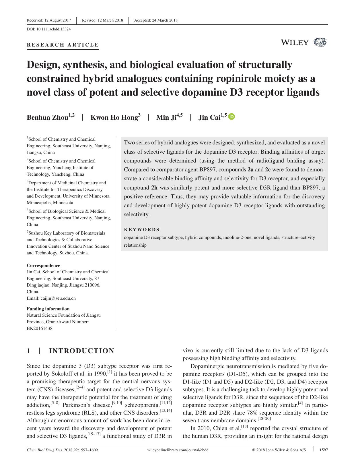 Design, synthesis, and biological evaluation of structurally constrained hybrid analogues containing ropinirole moiety as a novel class of potent and selective dopamine D3 receptor ligands by unknow
