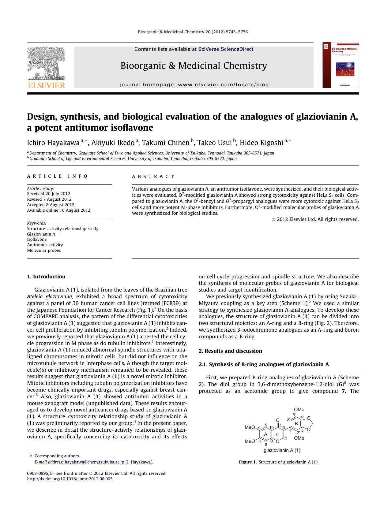 Design, synthesis, and biological evaluation of the analogues of glaziovianin A, a potent antitumor isoflavone by Ichiro Hayakawa & Akiyuki Ikedo & Takumi Chinen & Takeo Usui & Hideo Kigoshi