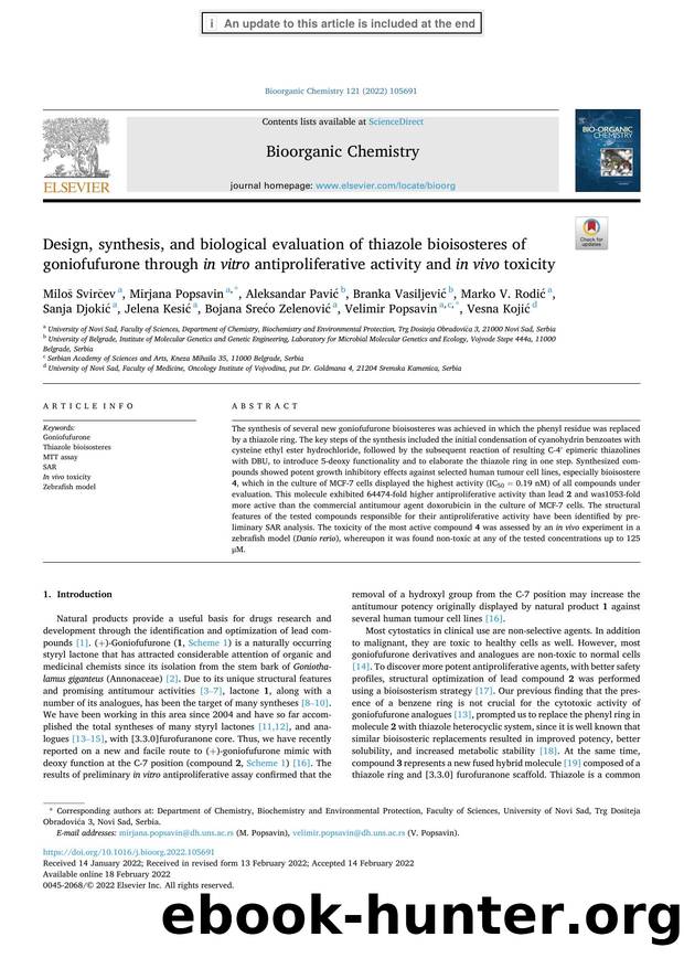 Design, synthesis, and biological evaluation of thiazole bioisosteres of goniofufurone through in vitro antiproliferative activity and in vivo toxicity by unknow