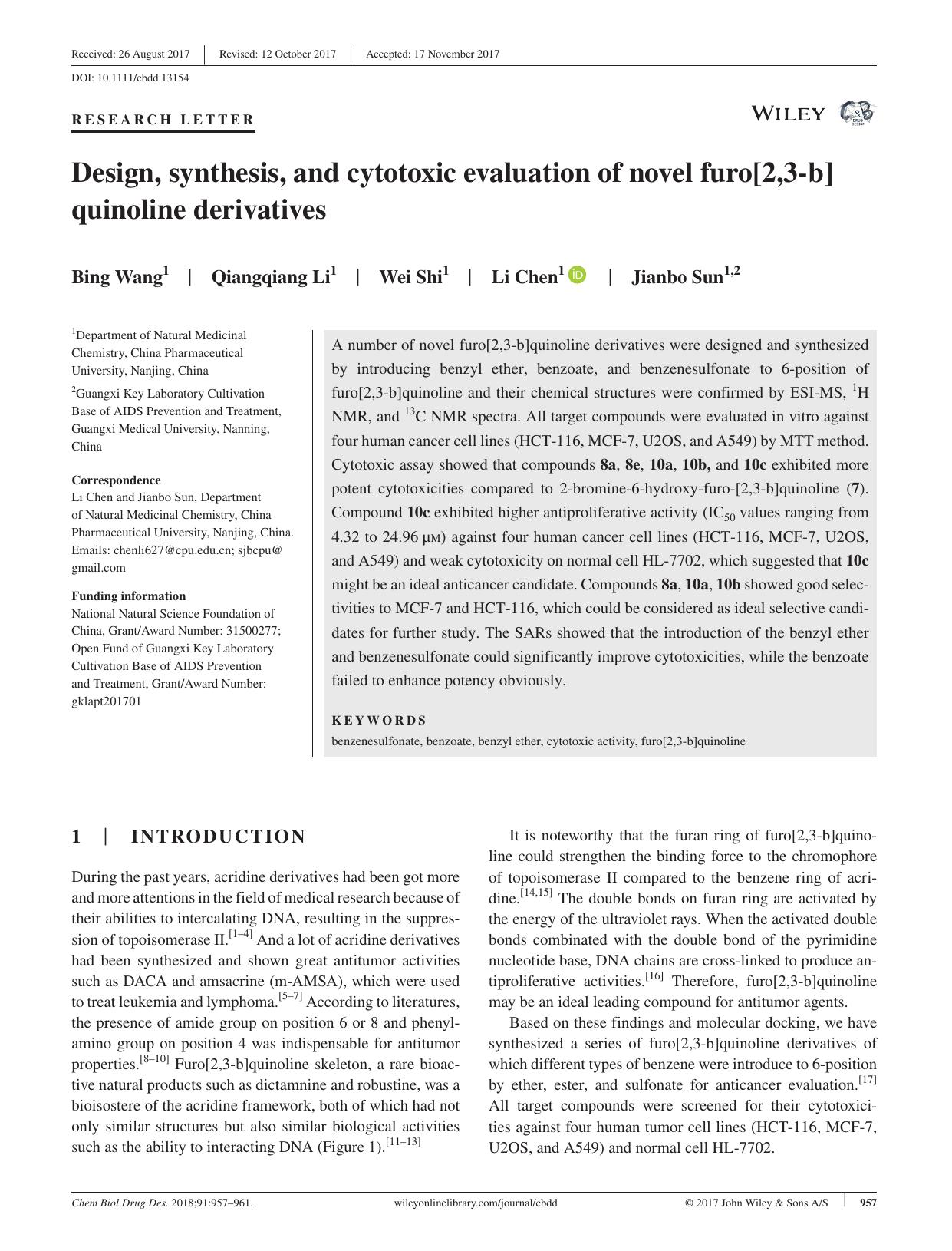 Design, synthesis, and cytotoxic evaluation of novel furo[2,3‐b]quinoline derivatives by unknow