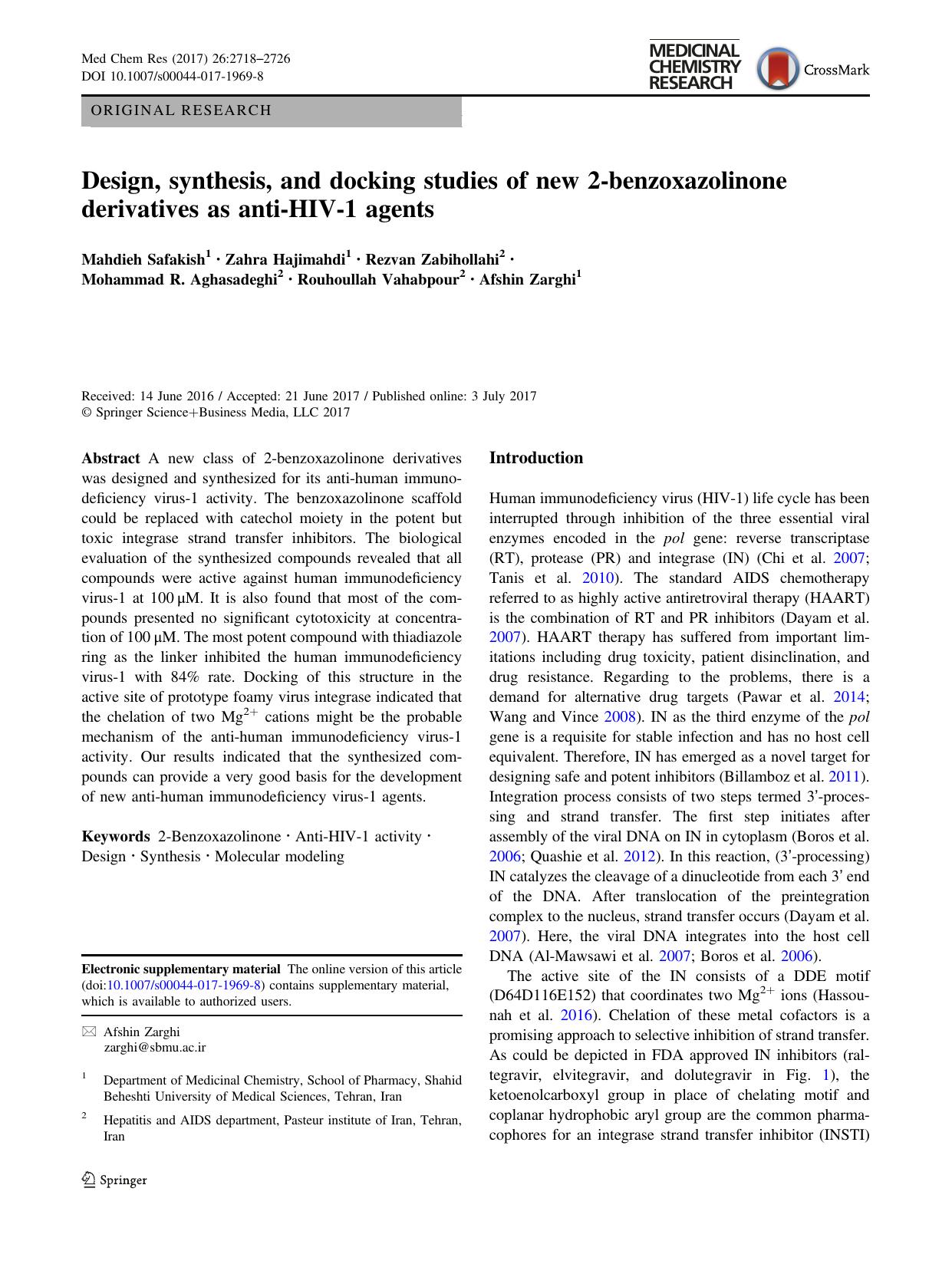 Design, synthesis, and docking studies of new 2-benzoxazolinone derivatives as anti-HIV-1 agents by unknow