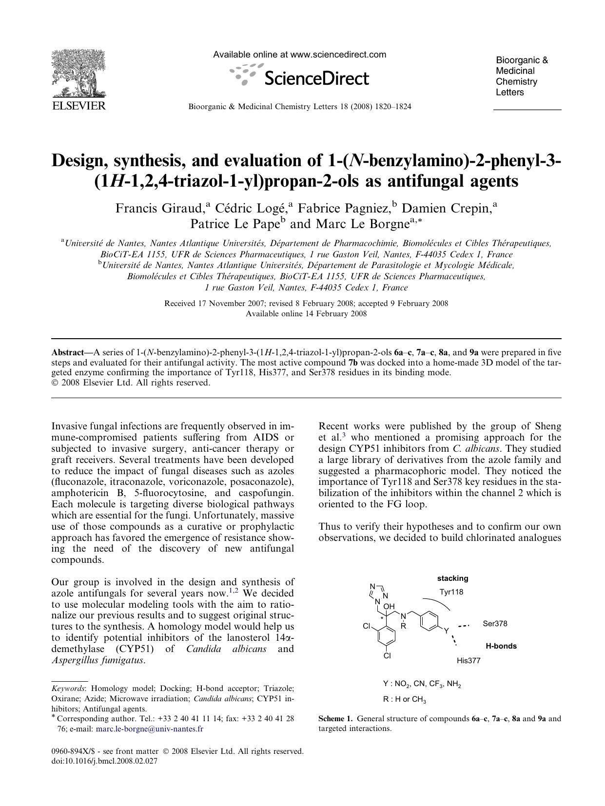 Design, synthesis, and evaluation of 1-(N-benzylamino)-2-phenyl-3-(1H-1,2,4-triazol-1-yl)propan-2-ols as antifungal agents by Francis Giraud; Cédric Logé; Fabrice Pagniez; Damien Crepin; Patrice Le Pape; Marc Le Borgne