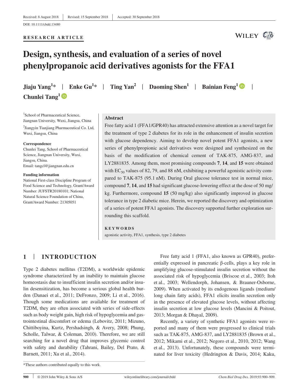 Design, synthesis, and evaluation of a series of novel phenylpropanoic acid derivatives agonists for the FFA1 by unknow
