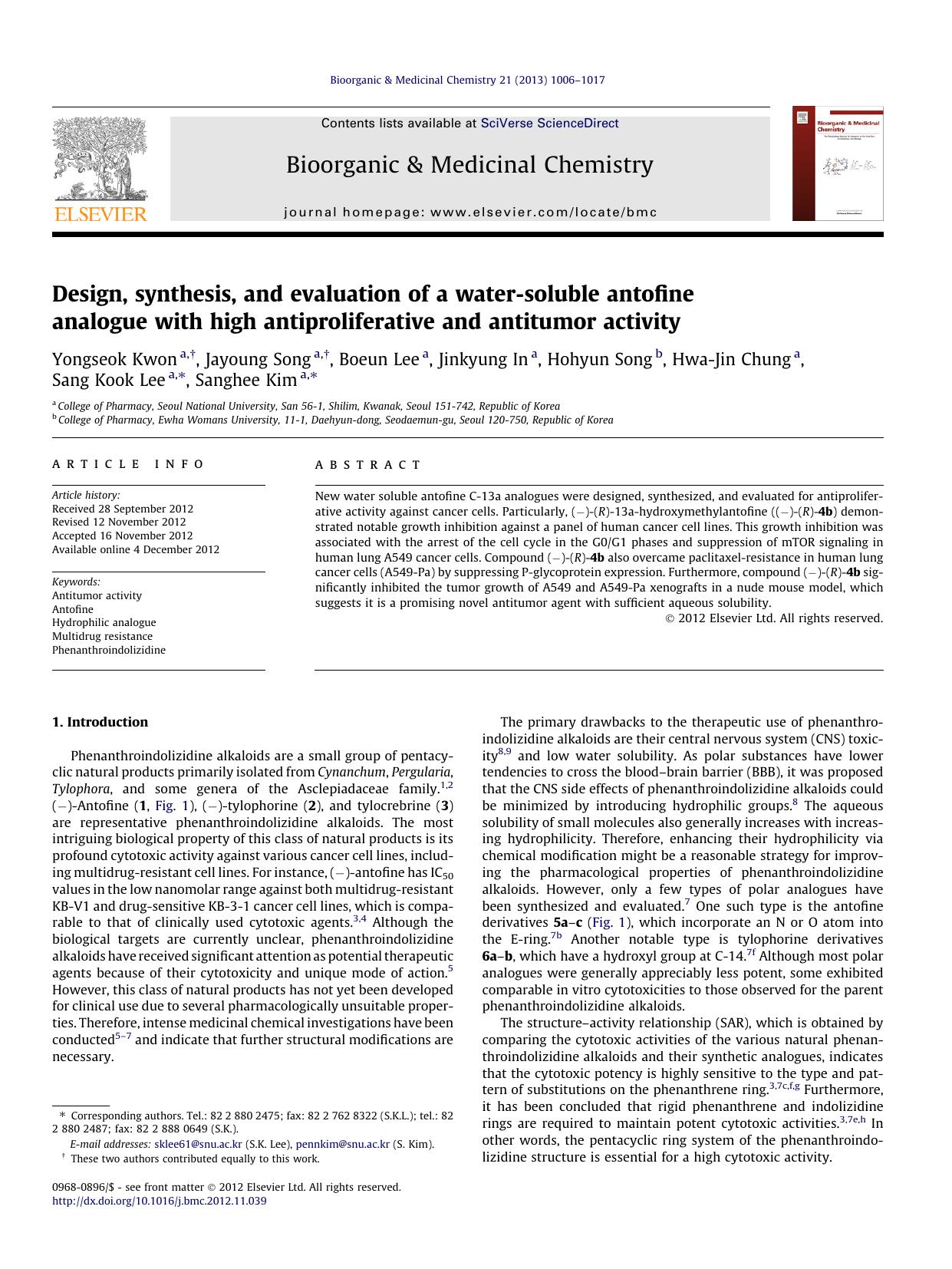 Design, synthesis, and evaluation of a water-soluble antofine analogue with high antiproliferative and antitumor activity by unknow
