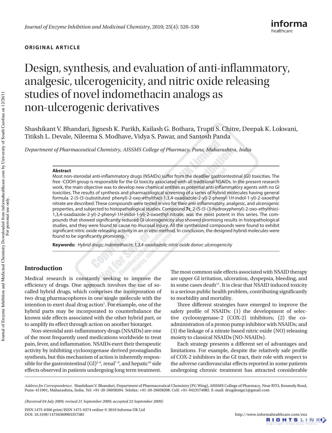 Design, synthesis, and evaluation of anti-inflammatory, analgesic, ulcerogenicity, and nitric oxide releasing studies of novel indomethacin analogs as non-ulcerogenic derivatives by unknow