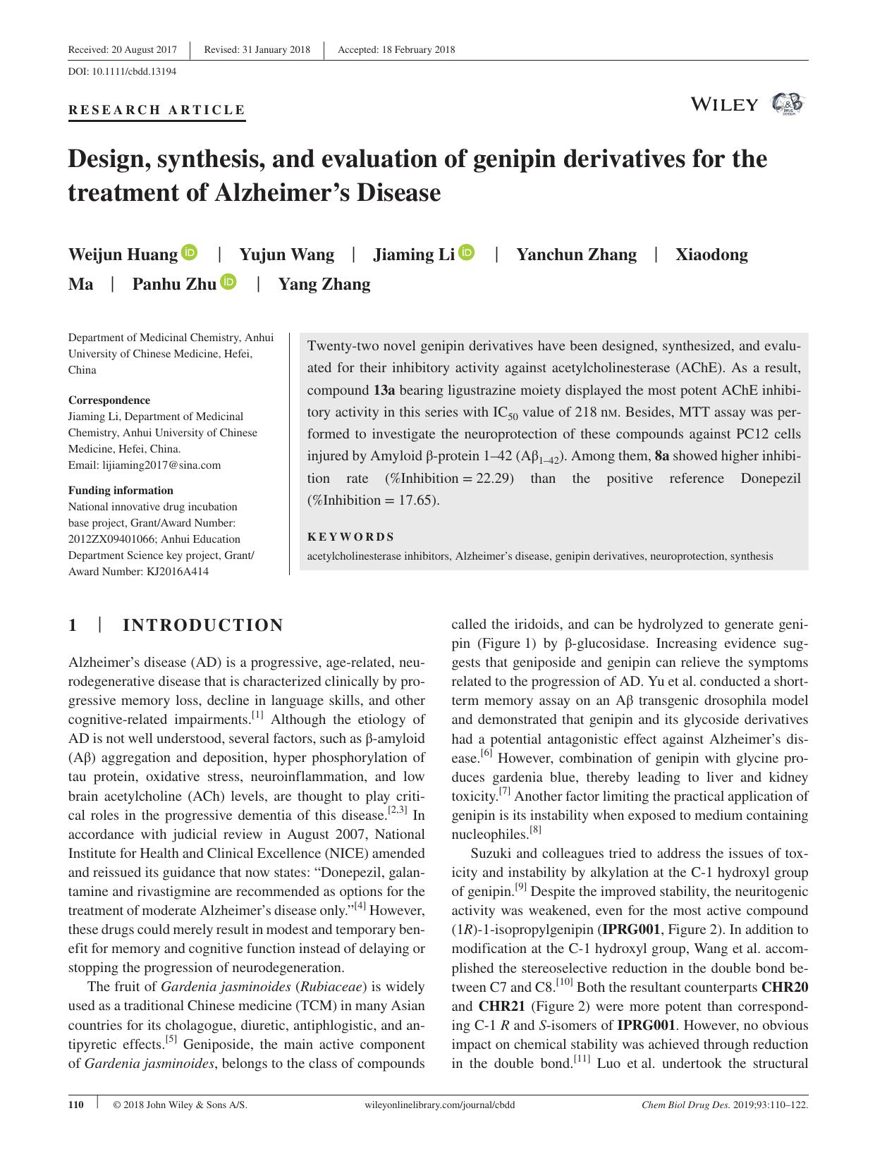 Design, synthesis, and evaluation of genipin derivatives for the treatment of Alzheimer's Disease by unknow