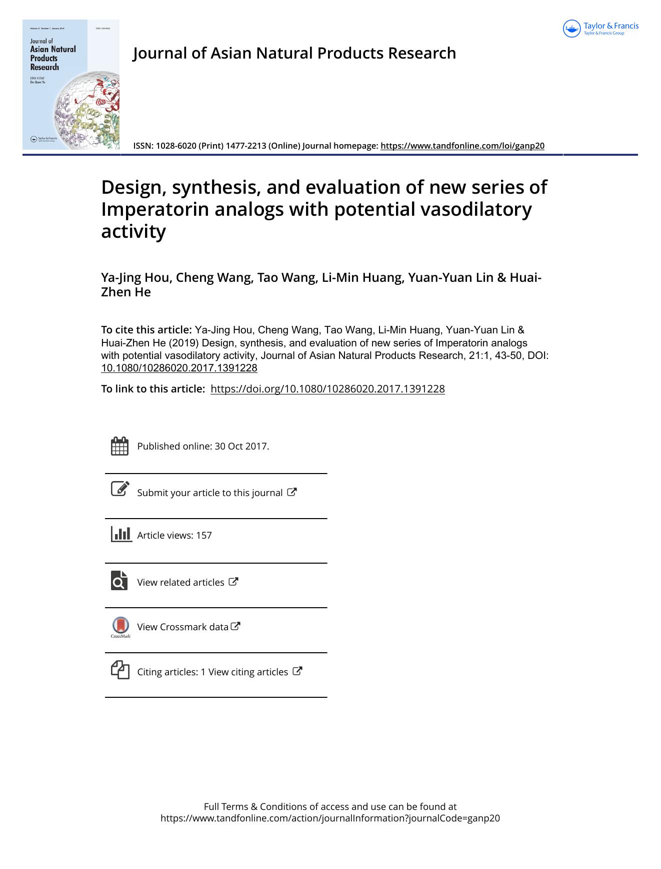 Design, synthesis, and evaluation of new series of Imperatorin analogs with potential vasodilatory activity by Ya-Jing Hou & Cheng Wang & Tao Wang & Li-Min Huang & Yuan-Yuan Lin & Huai-Zhen He