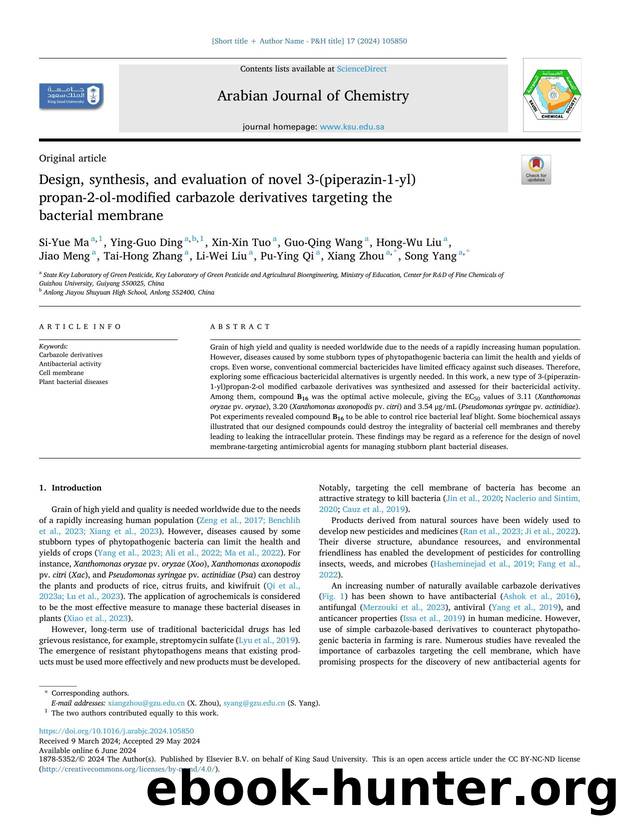 Design, synthesis, and evaluation of novel 3-(piperazin-1-yl)propan-2-ol-modified carbazole derivatives targeting the bacterial membrane by unknow