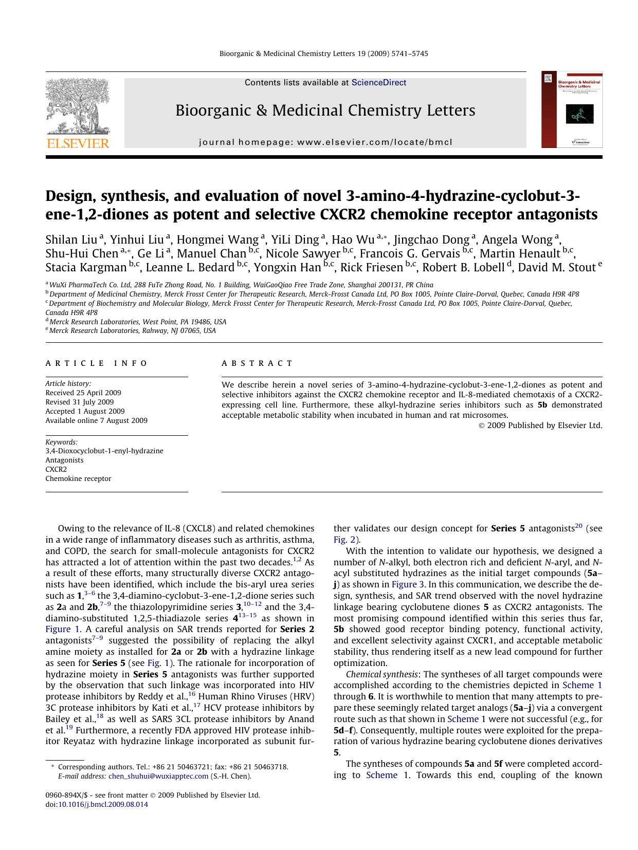 Design, synthesis, and evaluation of novel 3-amino-4-hydrazine-cyclobut-3-ene-1,2-diones as potent and selective CXCR2 chemokine receptor antagonists by unknow