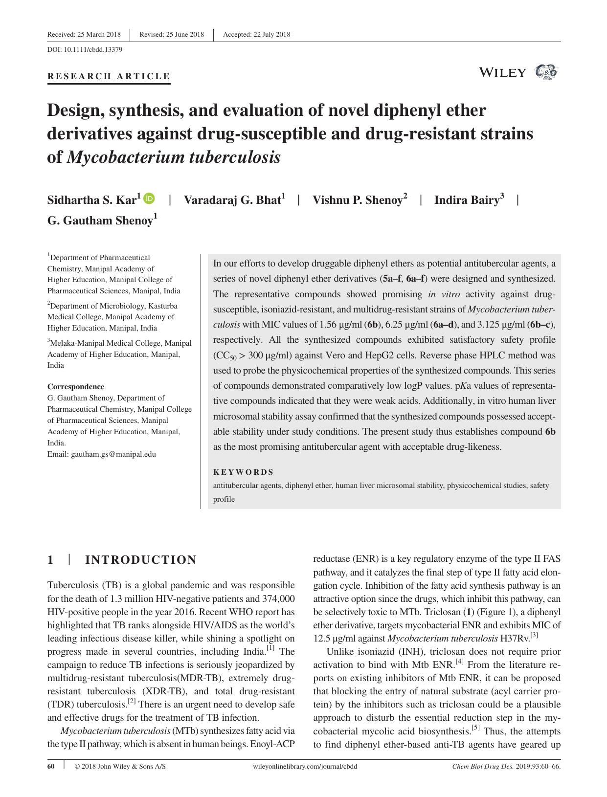Design, synthesis, and evaluation of novel diphenyl ether derivatives against drug‐susceptible and drug‐resistant strains of Mycobacterium tuberculosis by unknow