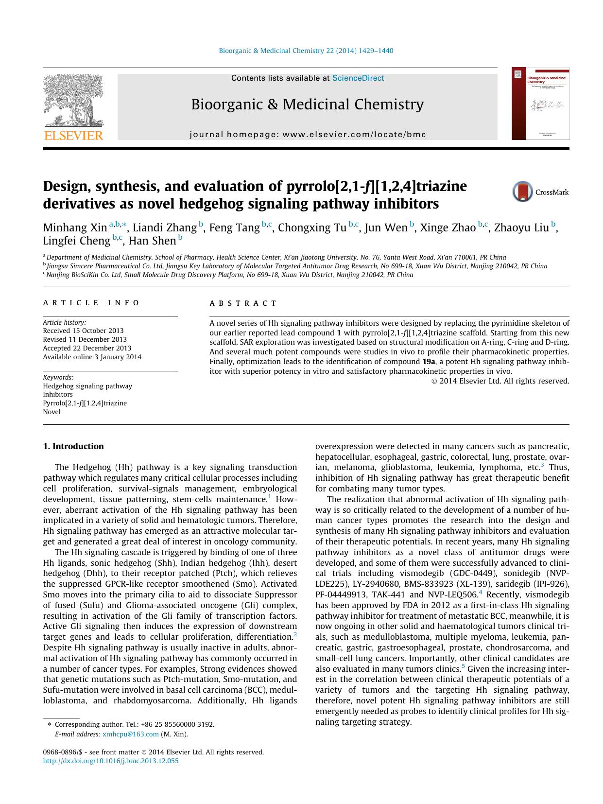 Design, synthesis, and evaluation of pyrrolo[2,1-f][1,2,4]triazine derivatives as novel hedgehog signaling pathway inhibitors by unknow