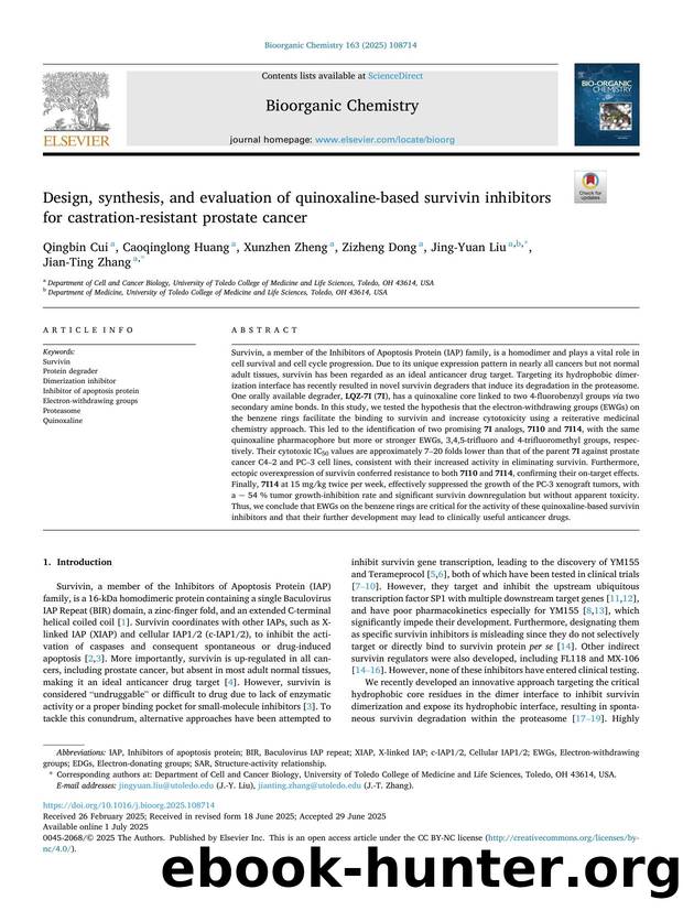 Design, synthesis, and evaluation of quinoxaline-based survivin inhibitors for castration-resistant prostate cancer by Qingbin Cui & Caoqinglong Huang & Xunzhen Zheng & Zizheng Dong & Jing-Yuan Liu & Jian-Ting Zhang