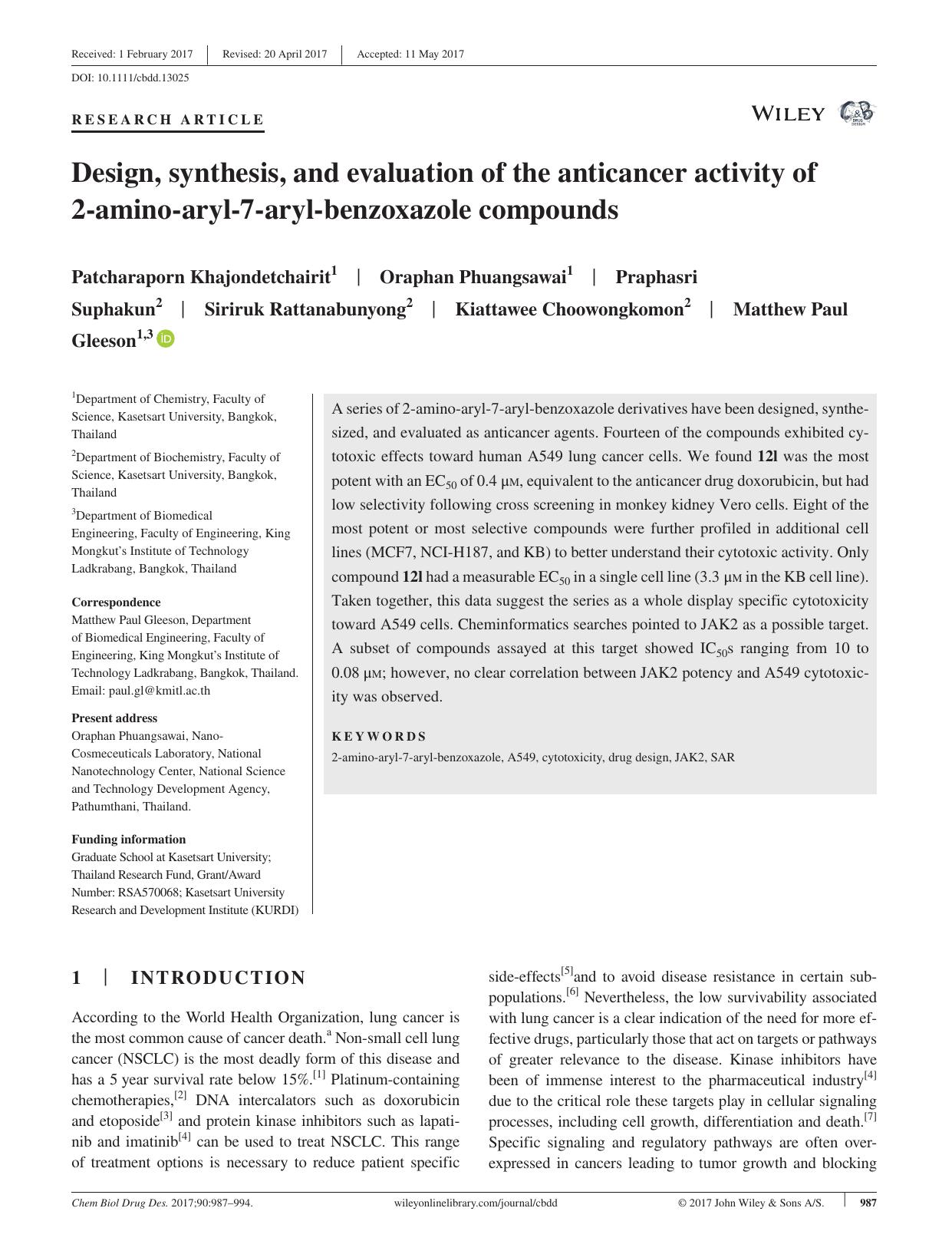 Design, synthesis, and evaluation of the anticancer activity of 2‐amino‐aryl‐7‐aryl‐benzoxazole compounds by unknow