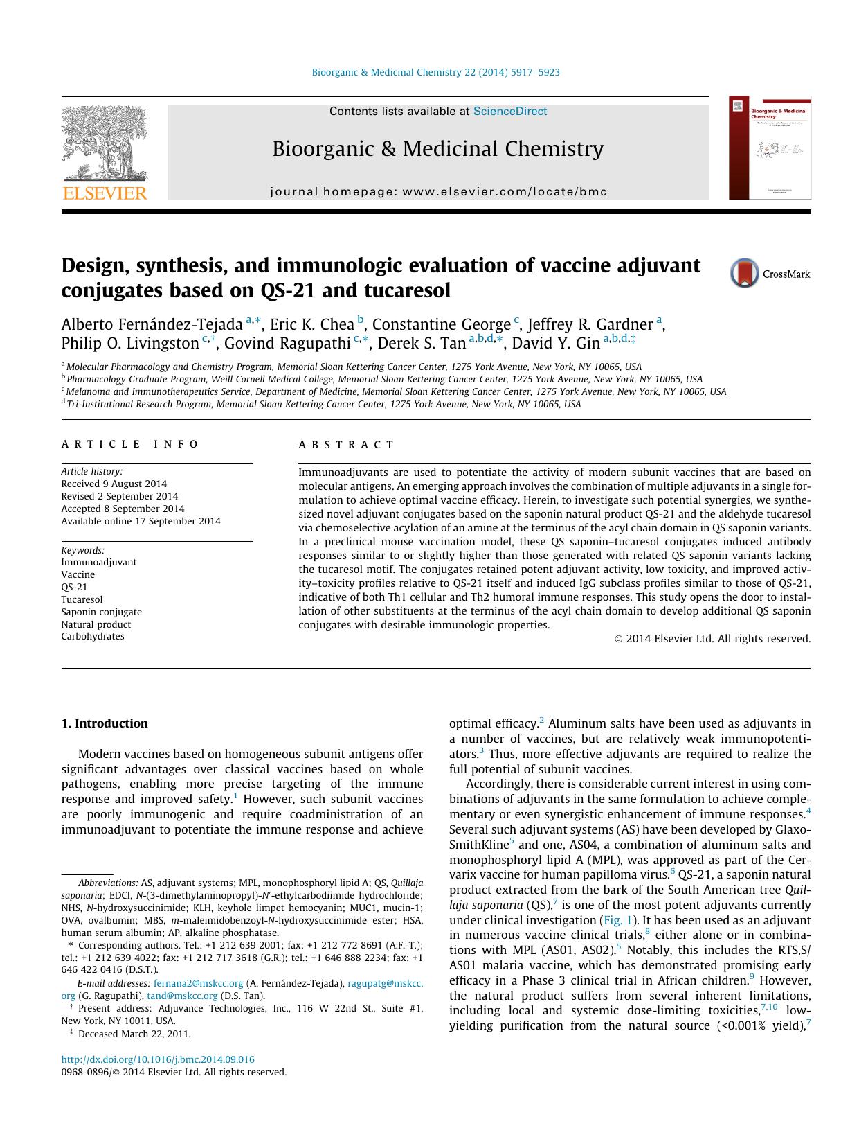 Design, synthesis, and immunologic evaluation of vaccine adjuvant conjugates based on QS-21 and tucaresol by unknow