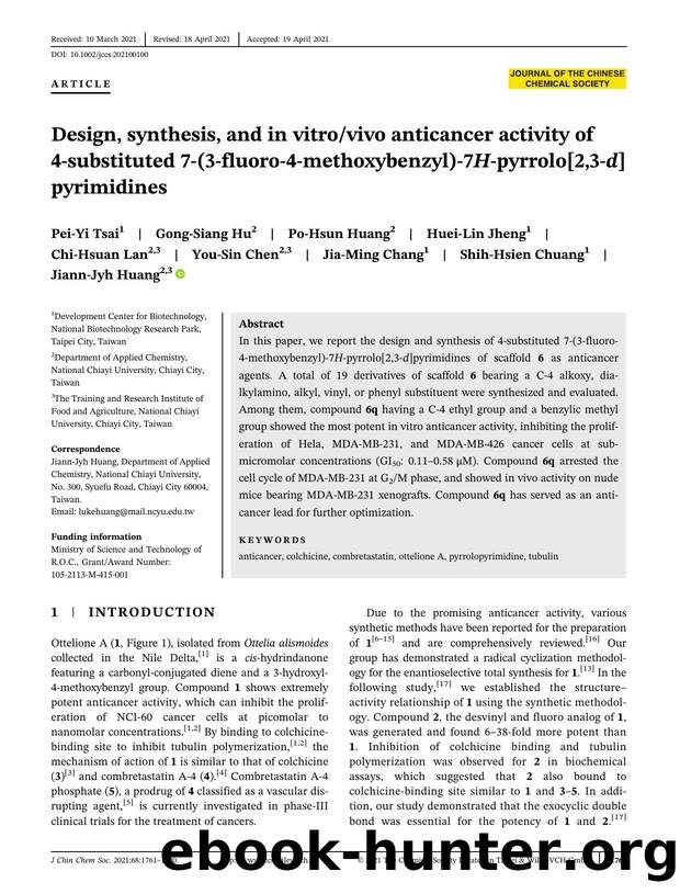 Design, synthesis, and in vitrovivo anticancer activity of 4-substituted 7-(3-fluoro-4-methoxybenzyl)-7H-pyrrolo[2,3-d]pyrimidines by Unknown
