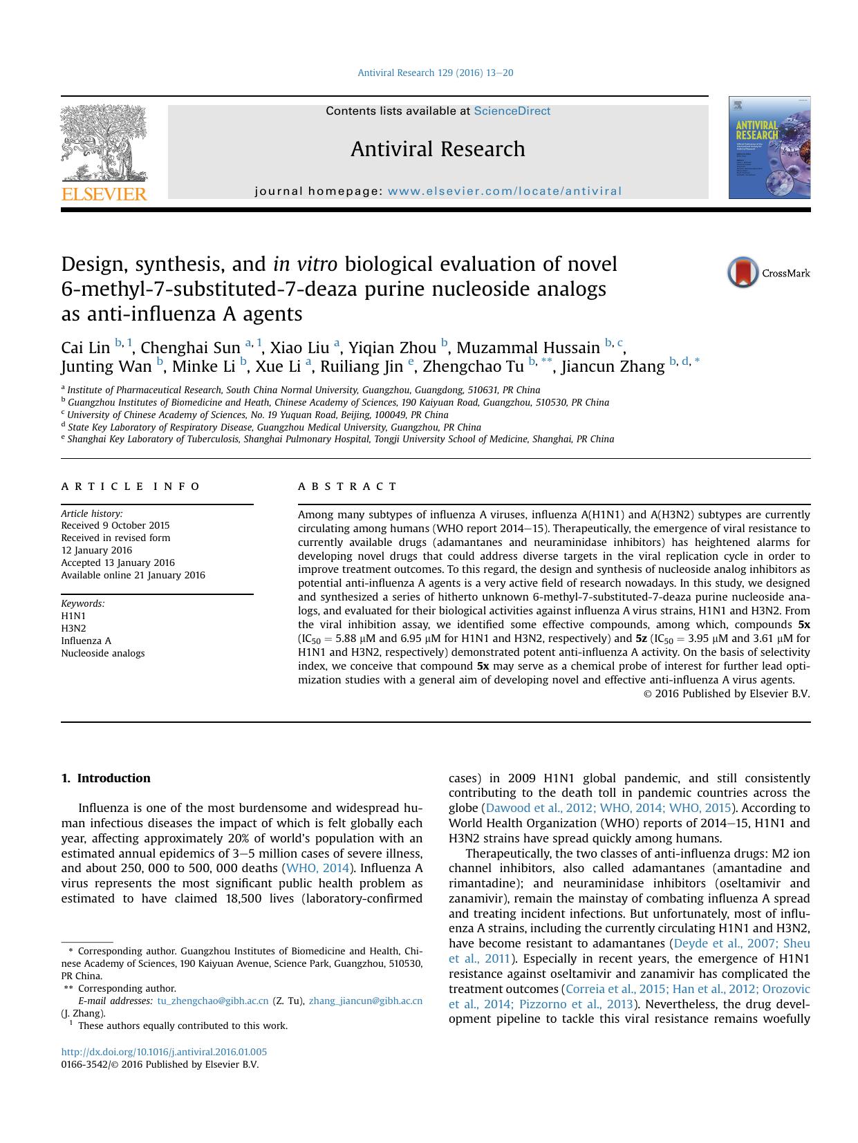 Design, synthesis, and in&nbsp;vitro biological evaluation of novel 6-methyl-7-substituted-7-deaza purine nucleoside analogs as anti-influenza A agents by unknow