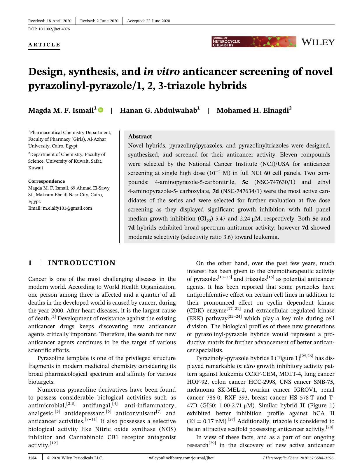 Design, synthesis, and in-vitro anticancer screening of novel pyrazolinyl-pyrazole-1, 2, 3-triazole hybrids by Unknown