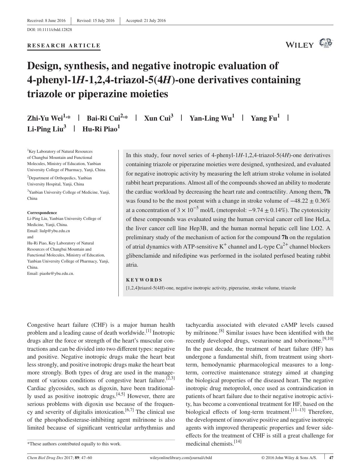 Design, synthesis, and negative inotropic evaluation of 4‐phenyl‐1H‐1,2,4‐triazol‐5(4H)‐one derivatives containing triazole or piperazine moieties by unknow