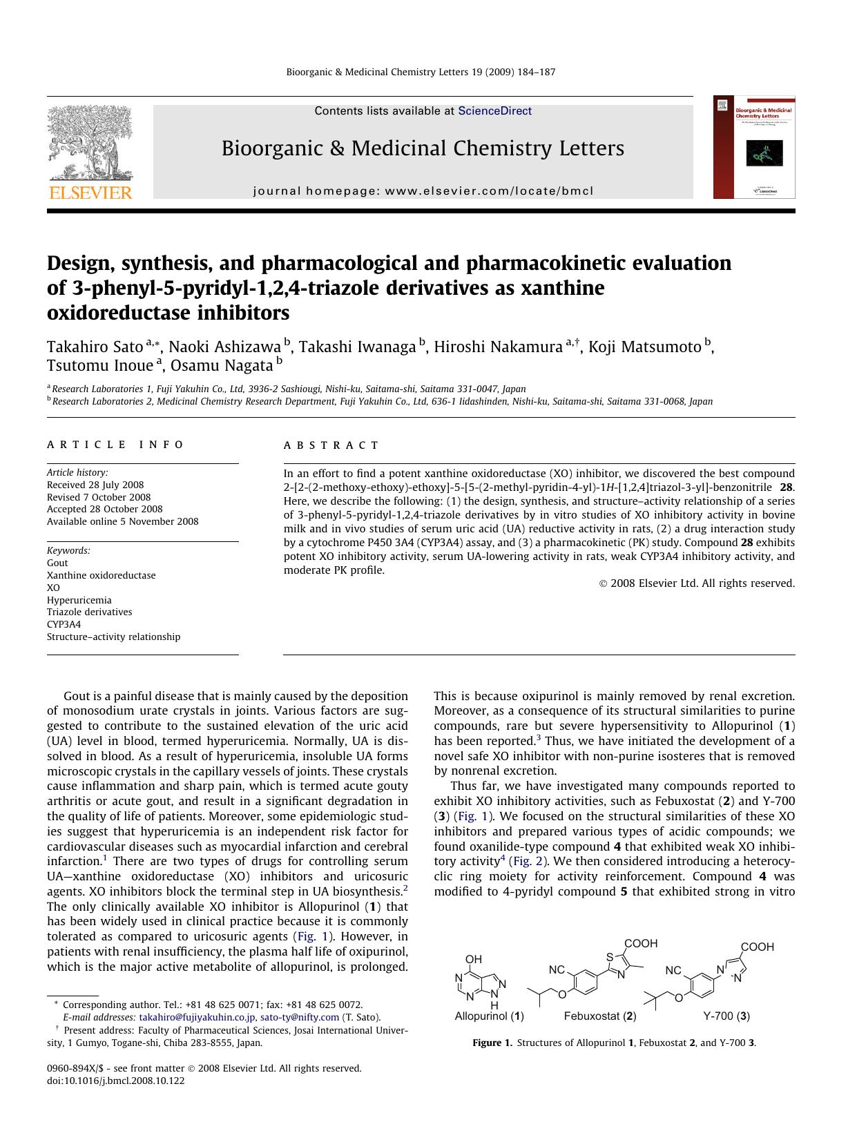 Design, synthesis, and pharmacological and pharmacokinetic evaluation of 3-phenyl-5-pyridyl-1,2,4-triazole derivatives as xanthine oxidoreductase inhibitors by unknow