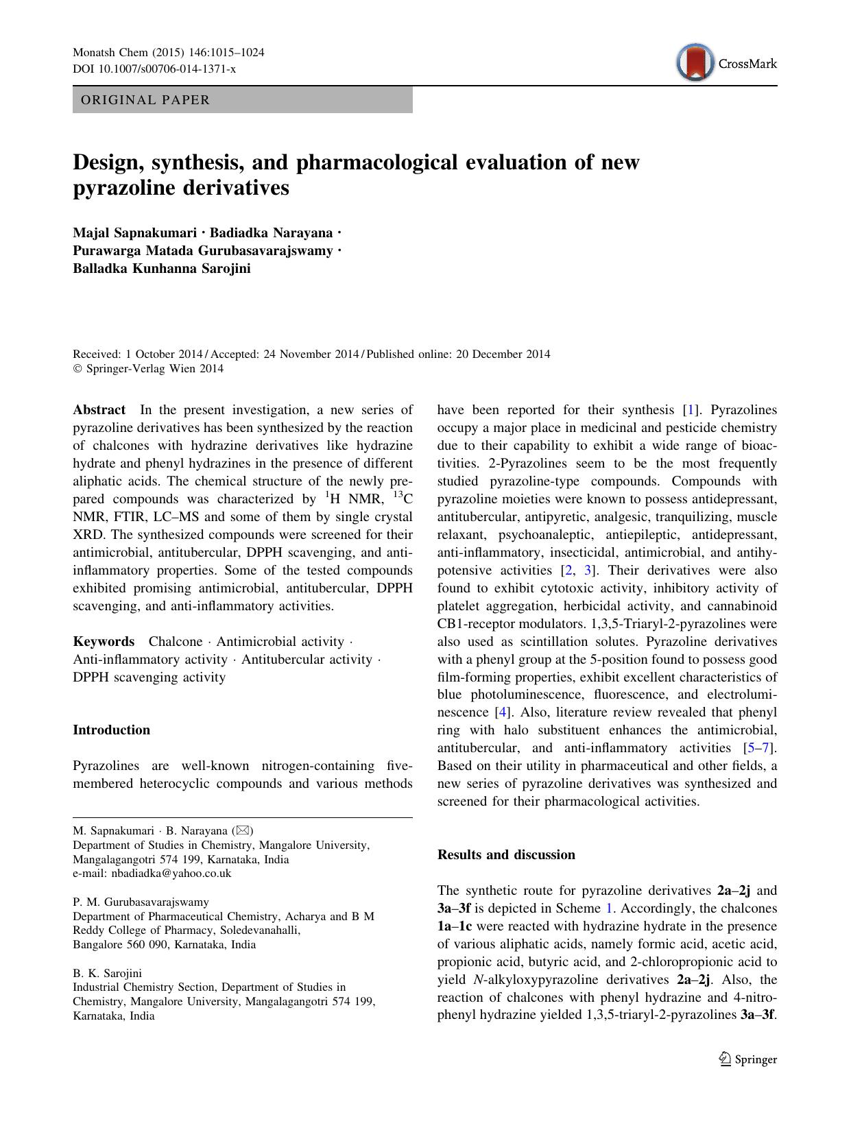 Design, synthesis, and pharmacological evaluation of new pyrazoline derivatives by unknow