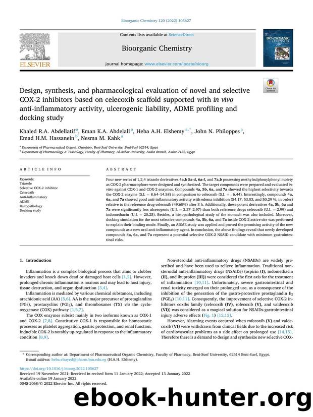Design, synthesis, and pharmacological evaluation of novel and selective COX-2 inhibitors based on celecoxib scaffold supported with in vivo anti-inflammatory activity, ulcerogenic by Khaled R.A. Abdellatif