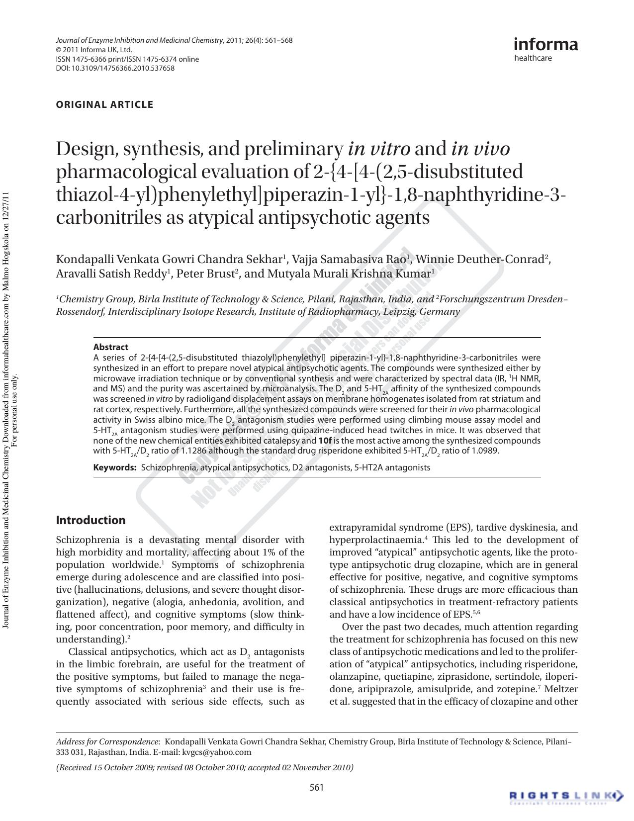 Design, synthesis, and preliminary in vitro and in vivo pharmacological evaluation of 2-{4-[4-(2,5-disubstituted thiazol-4-yl)phenylethyl]piperazin-1-yl}-1,8-naphthyridine-3-carbon by unknow