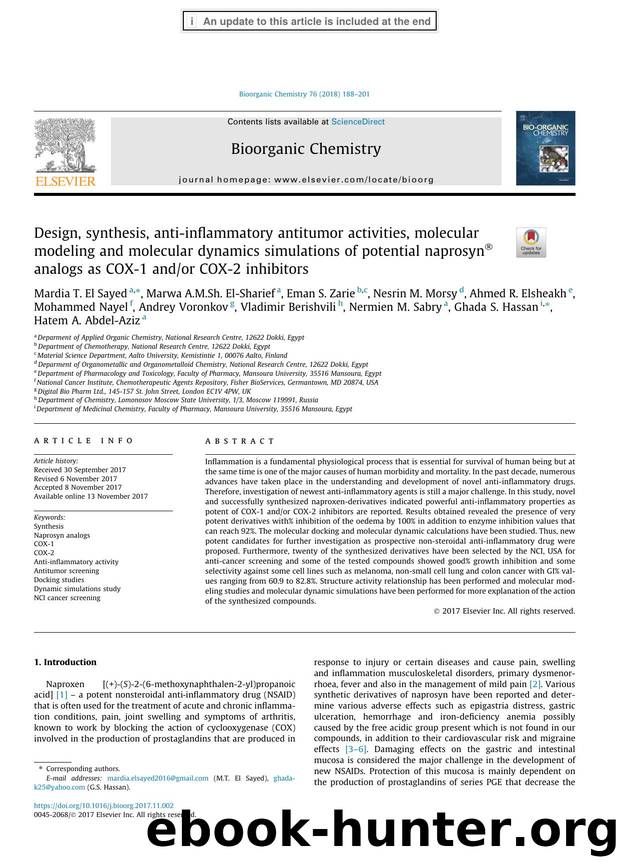 Design, synthesis, anti-inflammatory antitumor activities, molecular modeling and molecular dynamics simulations of potential naprosynÃÂ® analogs as COX-1 andor COX-2 inhibitors by unknow