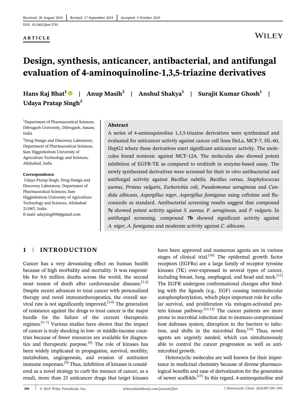 Design, synthesis, anticancer, antibacterial, and antifungal evaluation of 4âaminoquinolineâ1,3,5âtriazine derivatives by Hans Raj Bhat Anup Masih Anshul Shakya Surajit Kumar Ghosh Udaya Pratap Singh